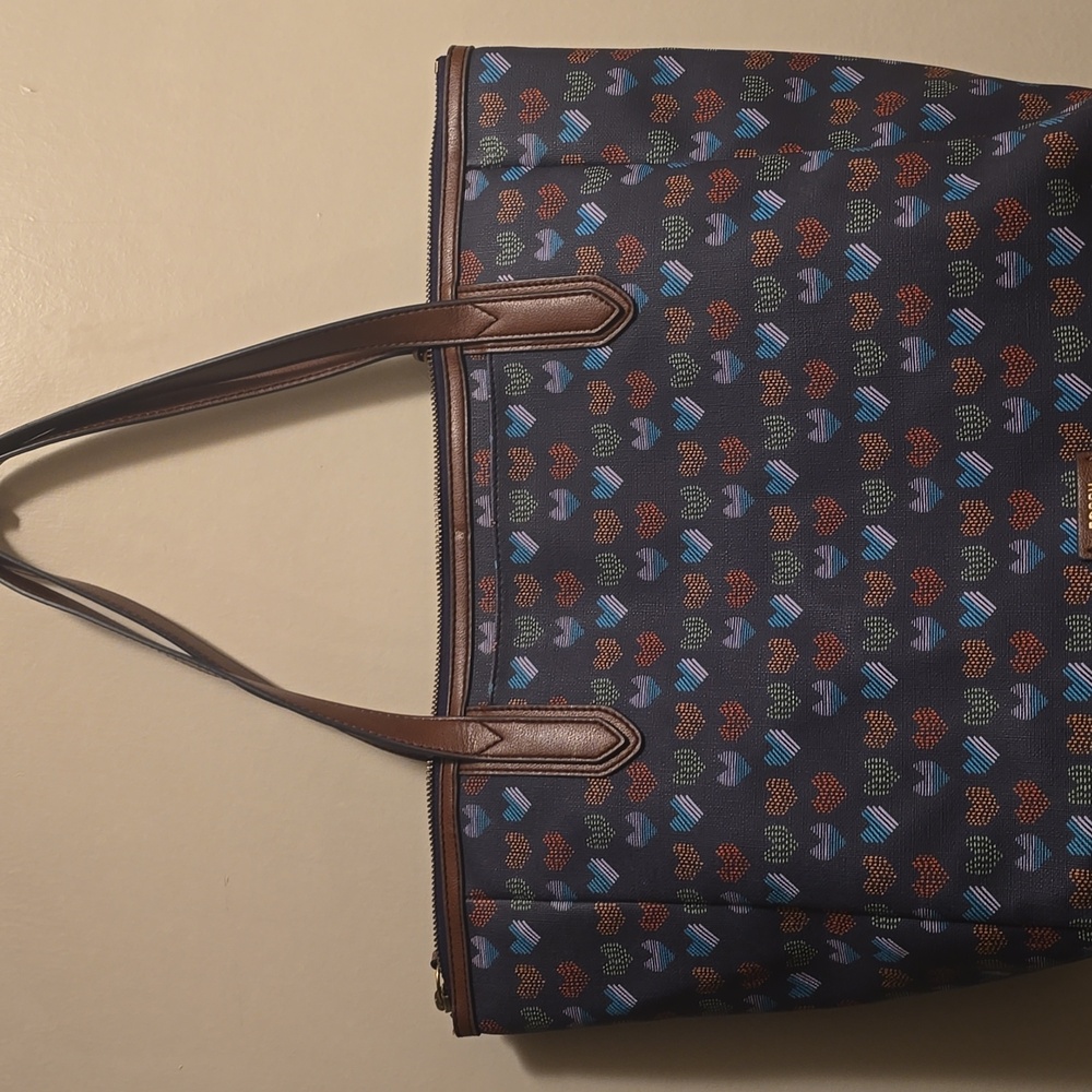 Fossil Brown and Blue Heart Pattern Tote Bag - Picture 2 of 8